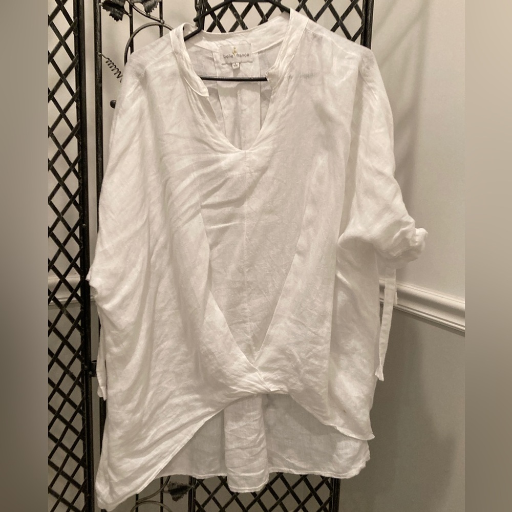 belle France Linen white size L tunic tie sleeve